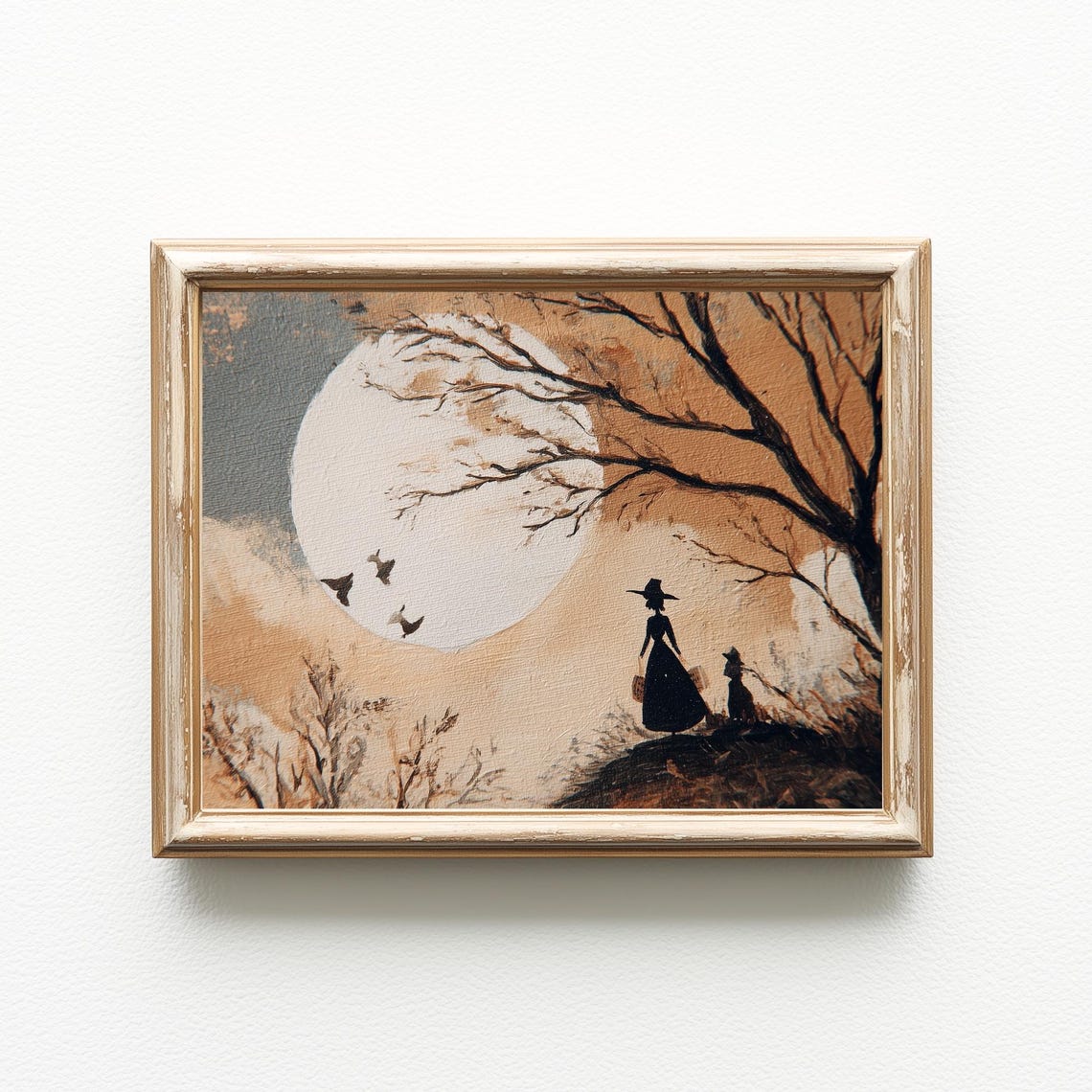 Vintage Witches Walking Under Full Moon Spooky Autumn Art Print