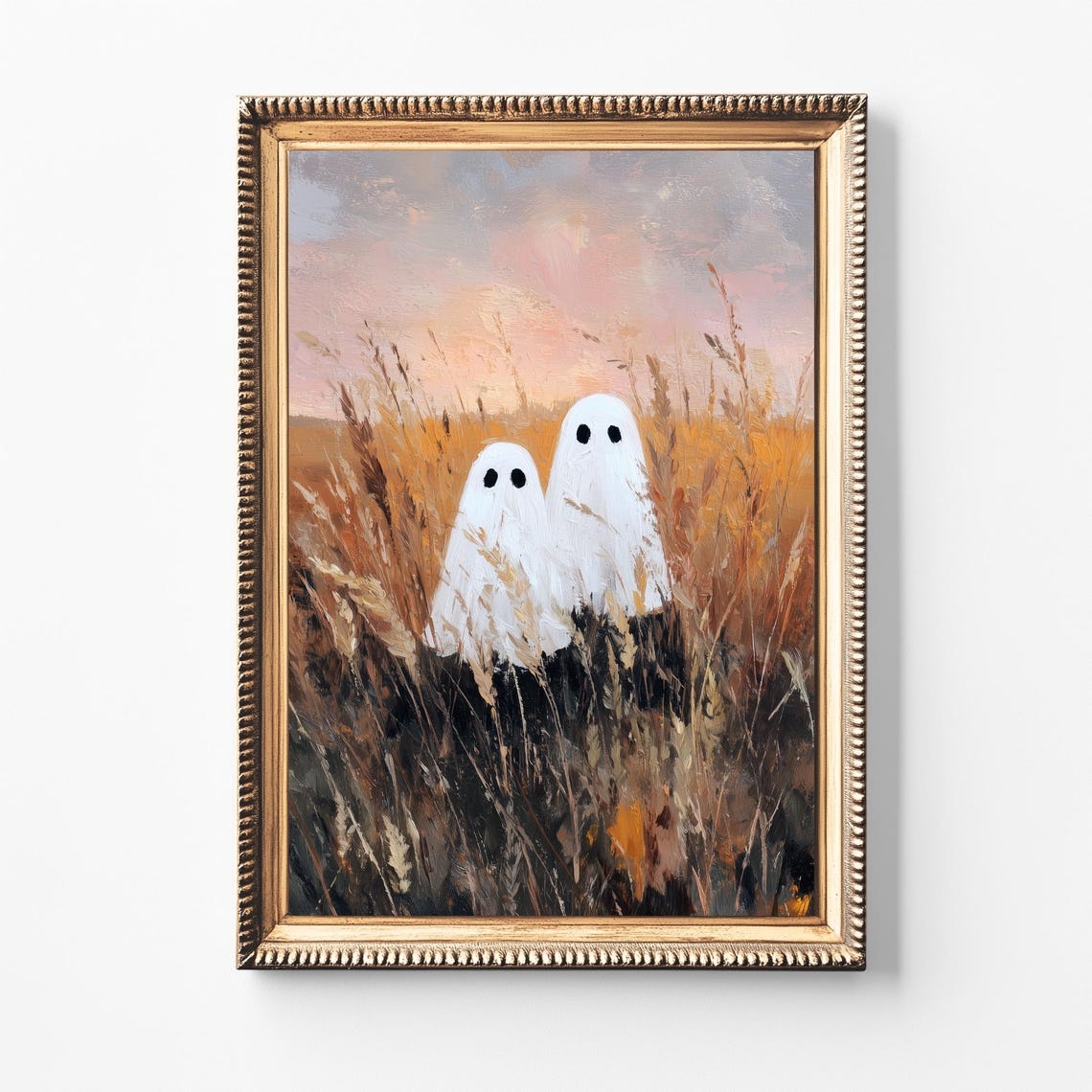 Cute Ghost Couple In Golden Wheat Field Sunset Halloween Poster