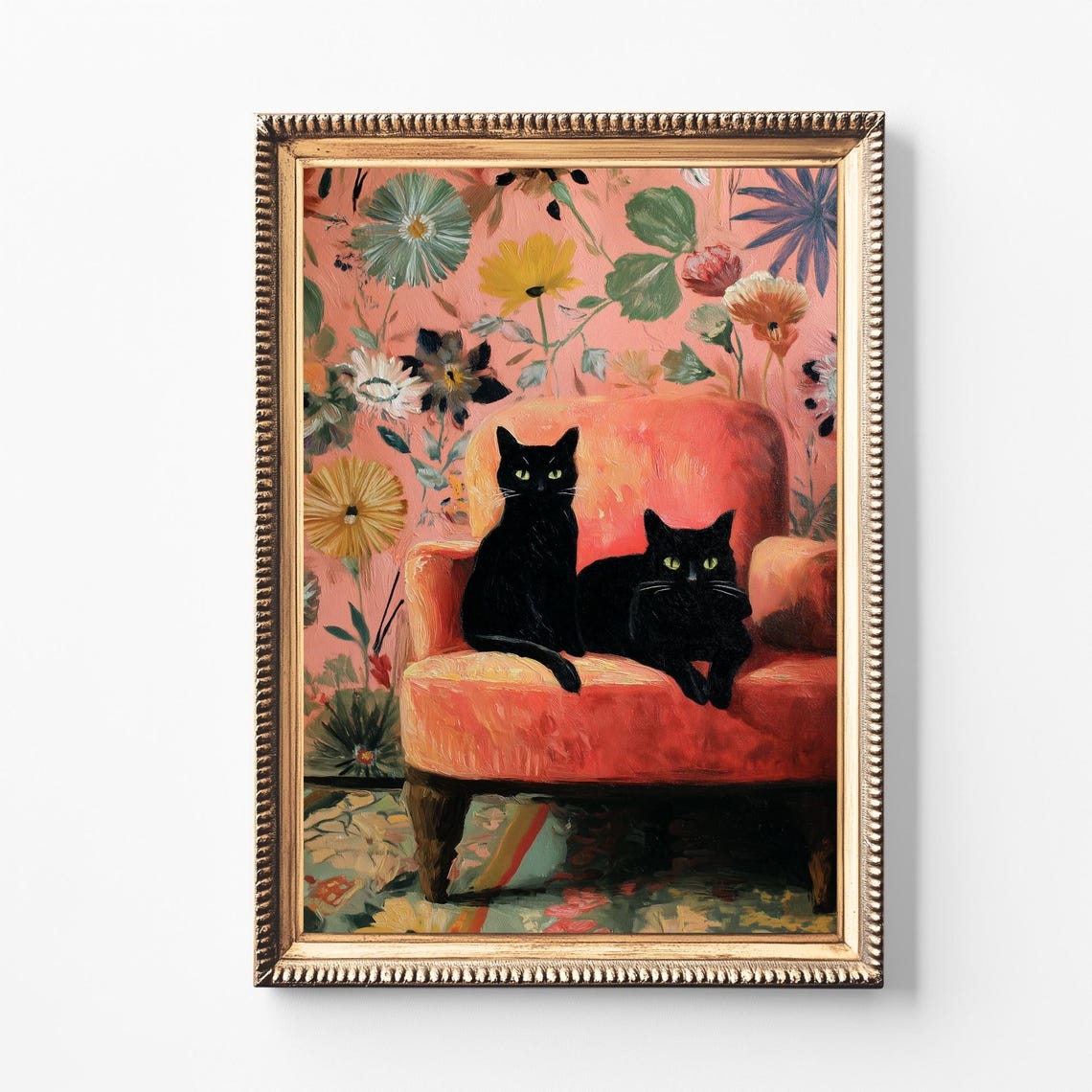 Black Cat Floral Print Whimsical Vintagestyle Wall Art