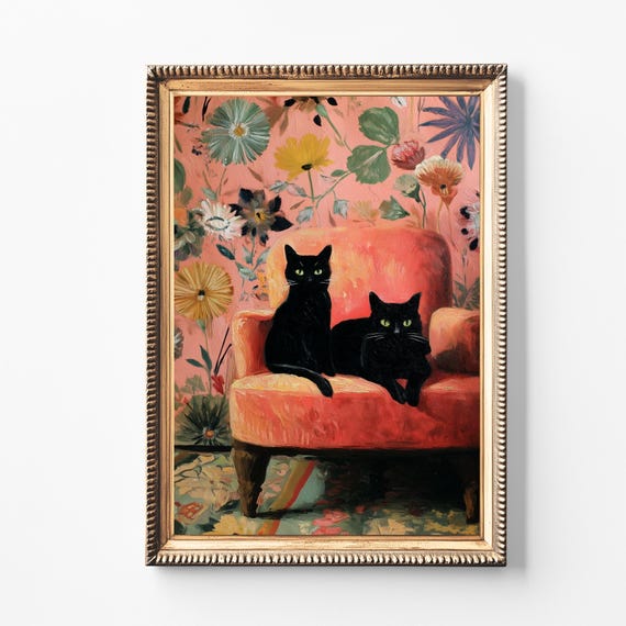 Black Cat Floral Print Whimsical Vintagestyle Wall Art