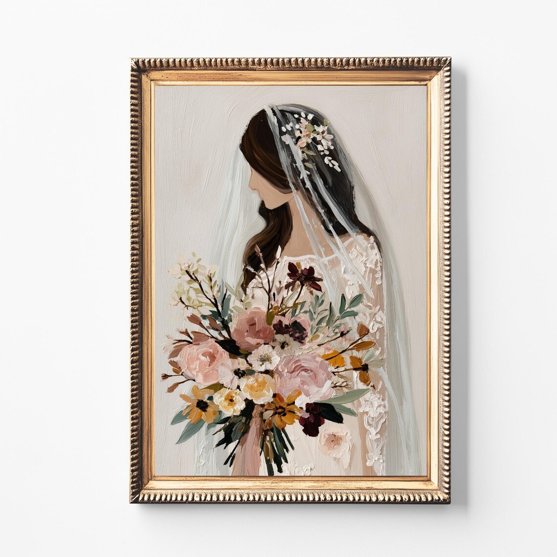 Romantic Bride Portrait Art Print, Floral Wedding Decor