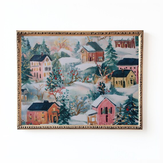 Colorful Christmas Village Houses In Snow Festive Painting Poster