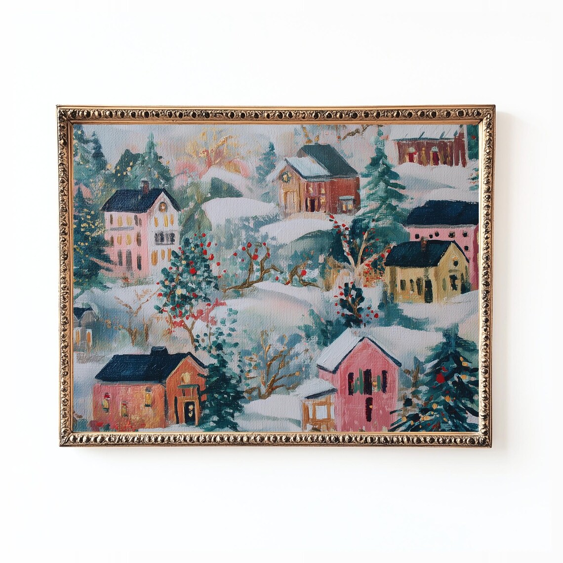 Colorful Christmas Village Houses In Snow Festive Painting Poster