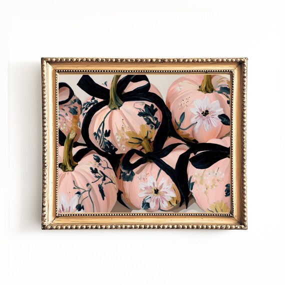 Pink Pumpkin Floral Print Elegant Autumn Wall Art