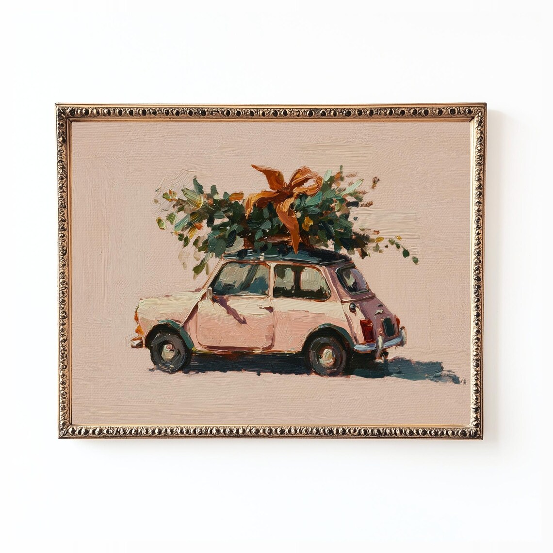 Pink Vintage Car Christmas Art Print, Holiday Nursery Decor
