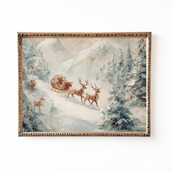 Reindeer Sleigh Ride Through Snowy Mountains Vintage Christmas Poster