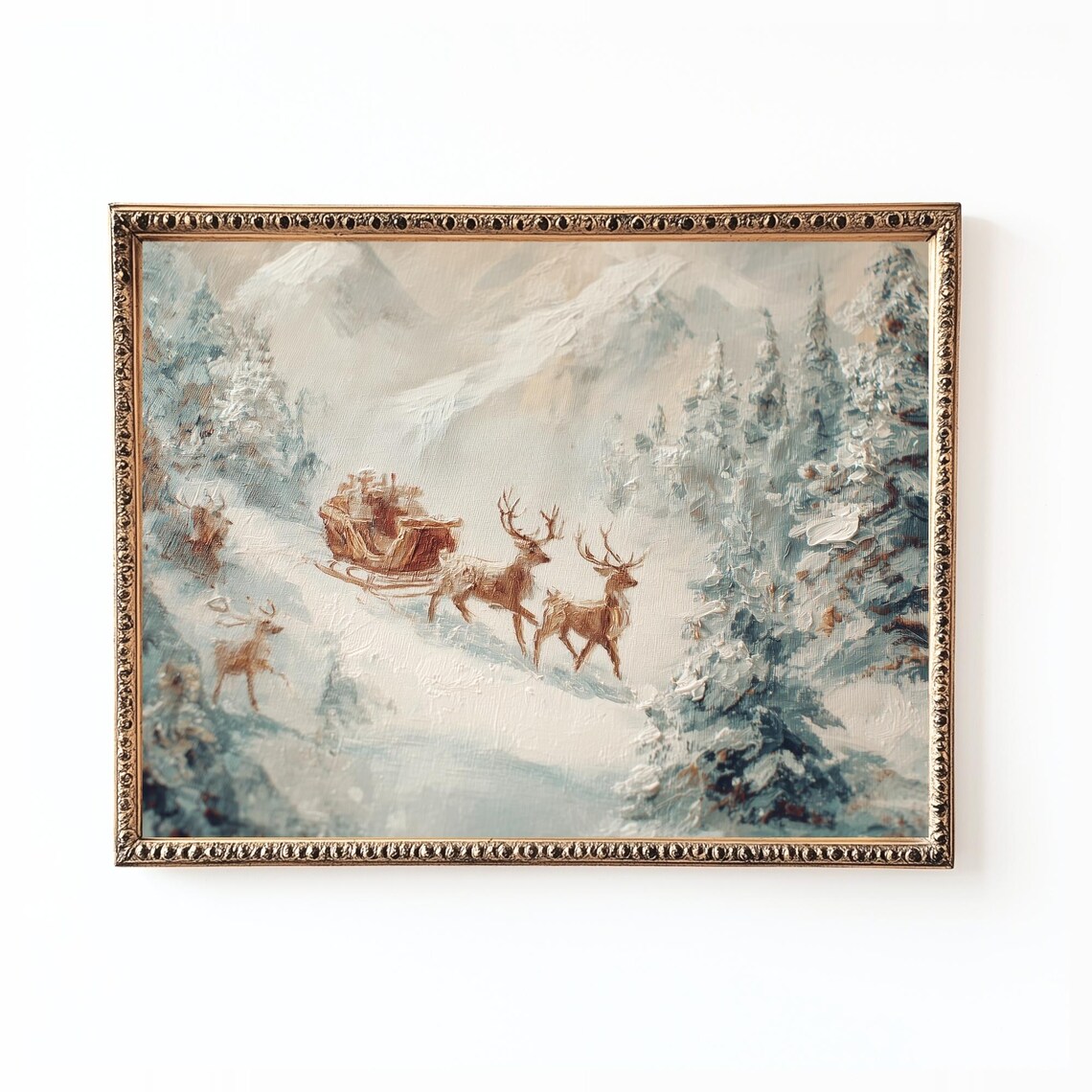 Reindeer Sleigh Ride Through Snowy Mountains Vintage Christmas Poster
