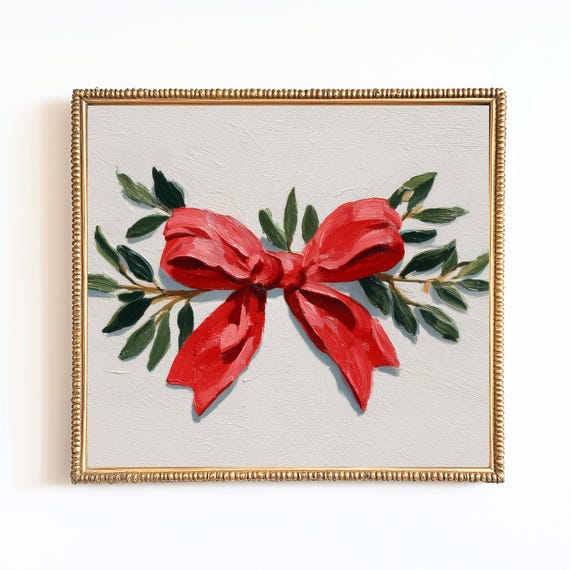 Bold Red Bow Christmas Greenery Sprig Classic Holiday Wall Art