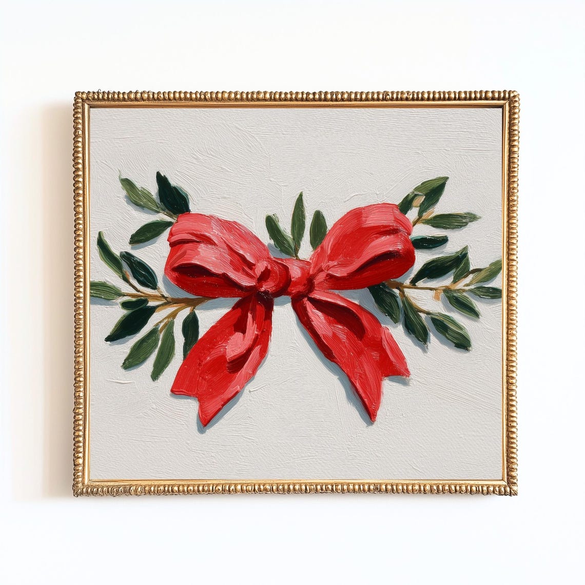 Bold Red Bow Christmas Greenery Sprig Classic Holiday Wall Art