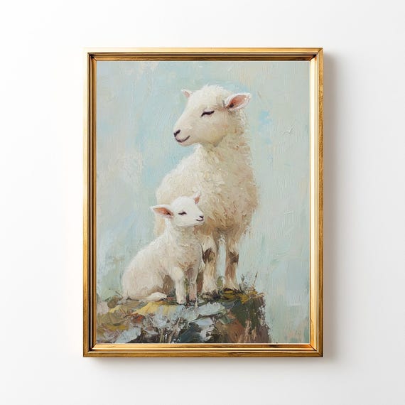 Lamb Nursery Art Print, Soft Pastel Sheep Mother And Baby