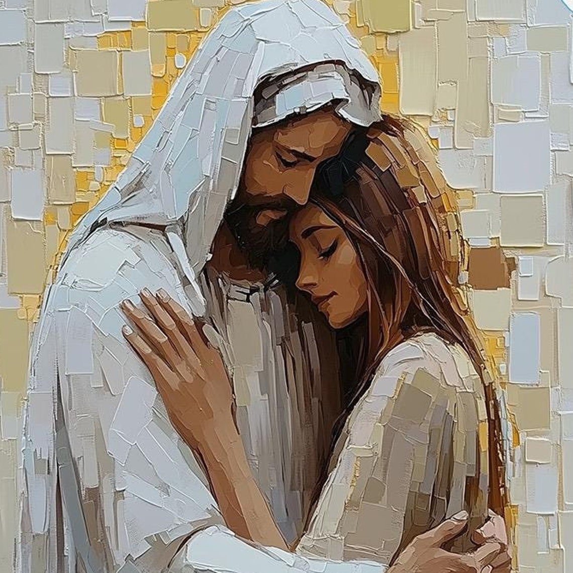 His Love Abstract Christian Wall Art Jesus Hugging Girl Painting Jesus Art Print Lds Art Bible Wall Art Jesus And Woman Artwork