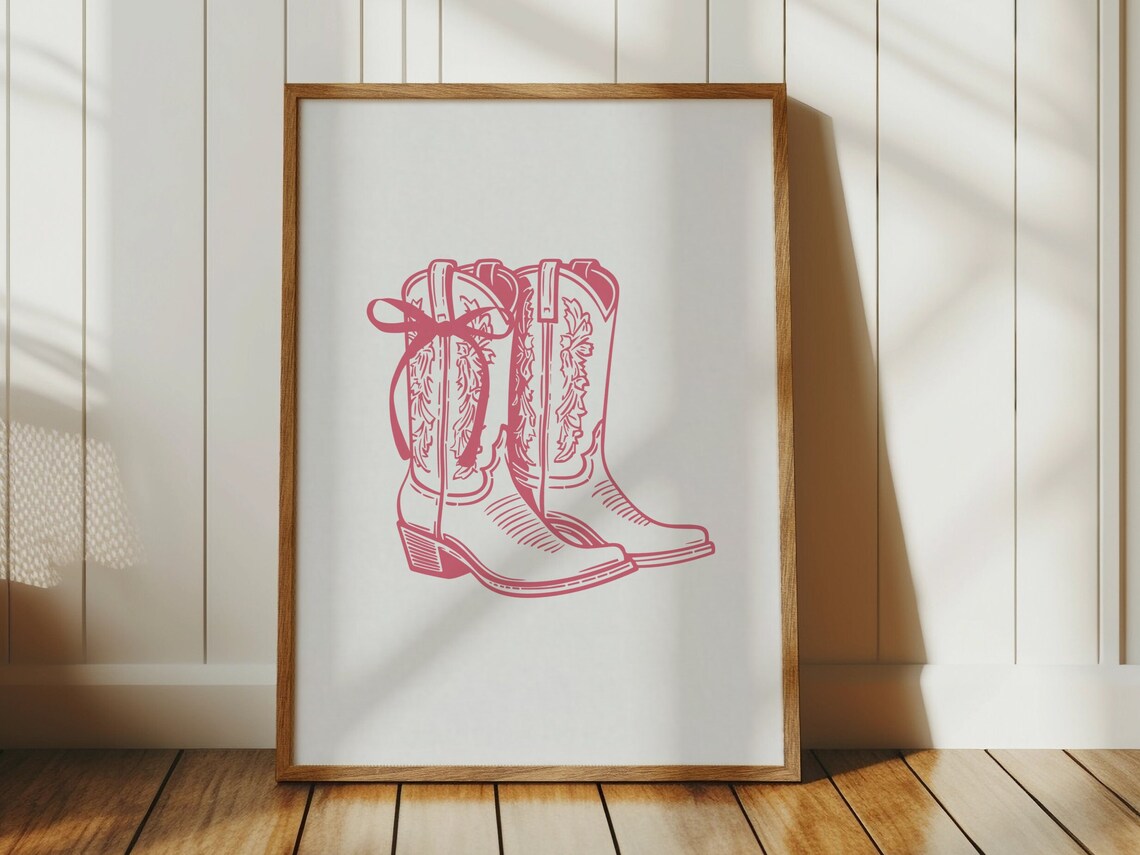 Coquette Bow Cowgirl Boots Art Print, Coastal Cowgirl