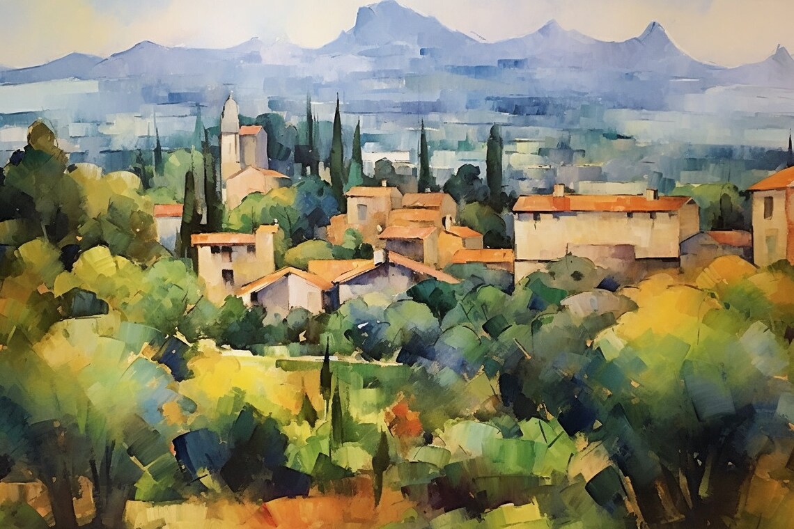 Village Among Green Forest Hills Impressionist Watercolor Art Poster