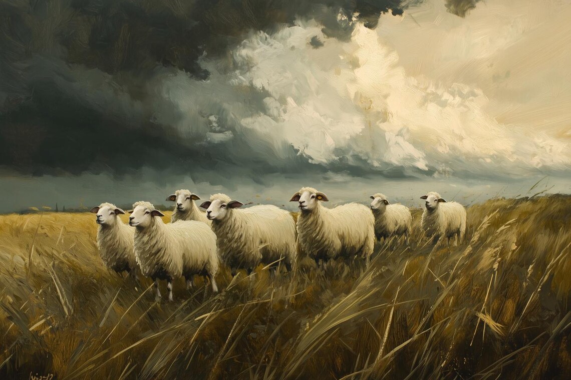 Sheep In Golden Fields, Rustic Landscape Print