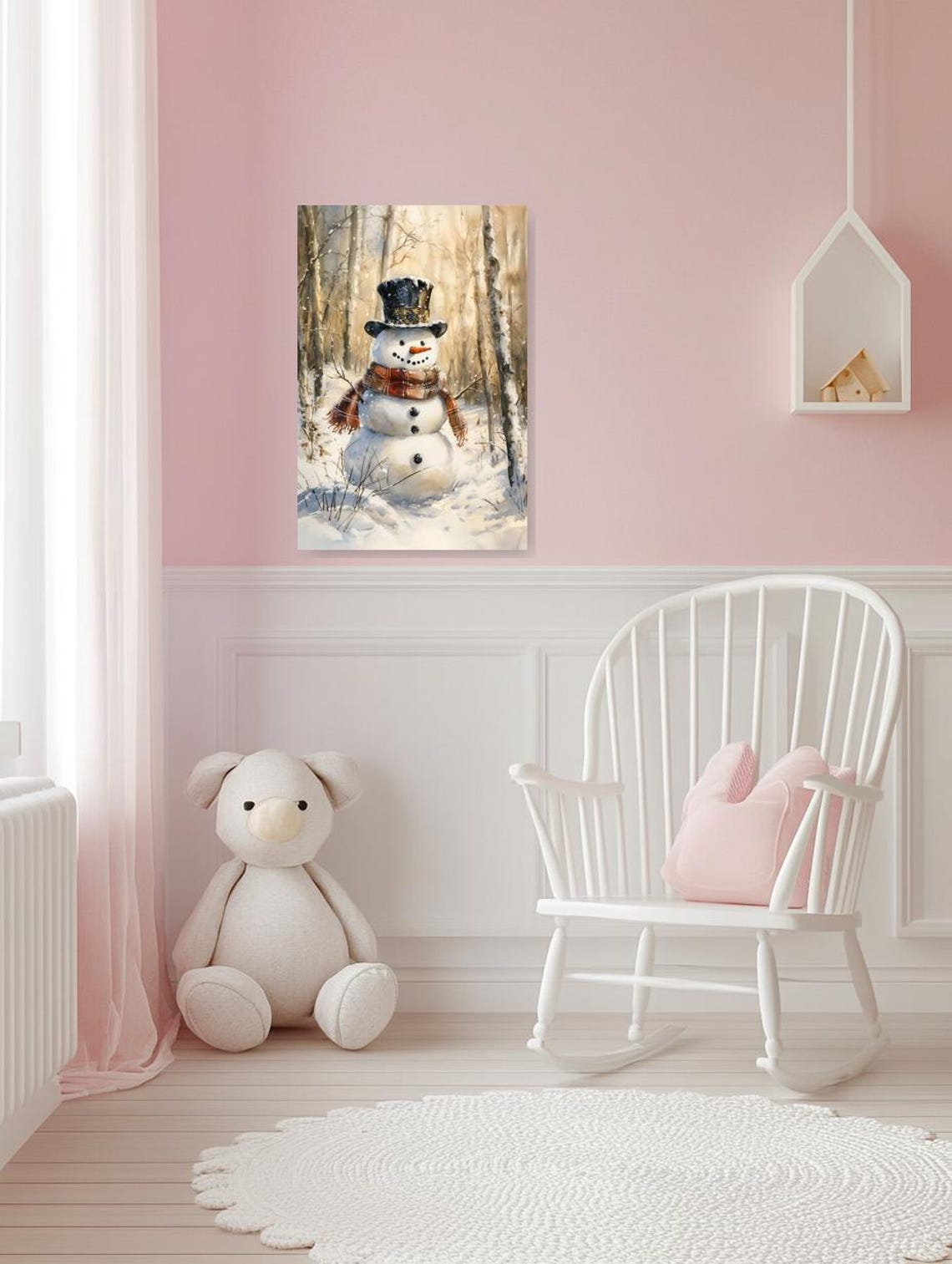 Cheerful Snowman in Top Hat and Plaid Scarf Winter Forest Poster - Image 3