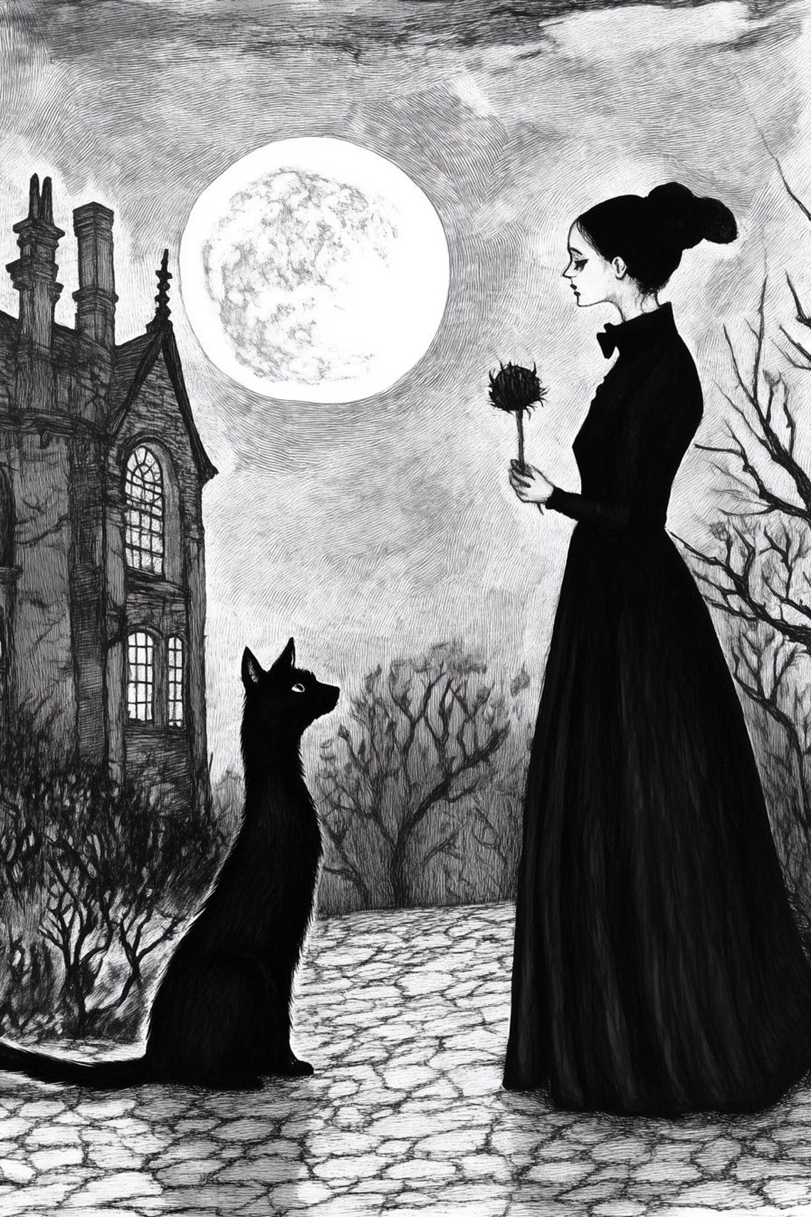Gothic Woman With Black Cat Haunted House Full Moon Art Poster