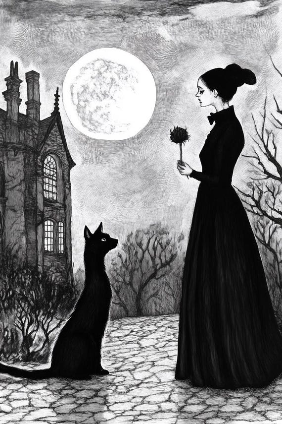 Gothic Black And White Print Wall Art In The Style Of Edgar Allan Poe With Full Moon And Mysterious Woman