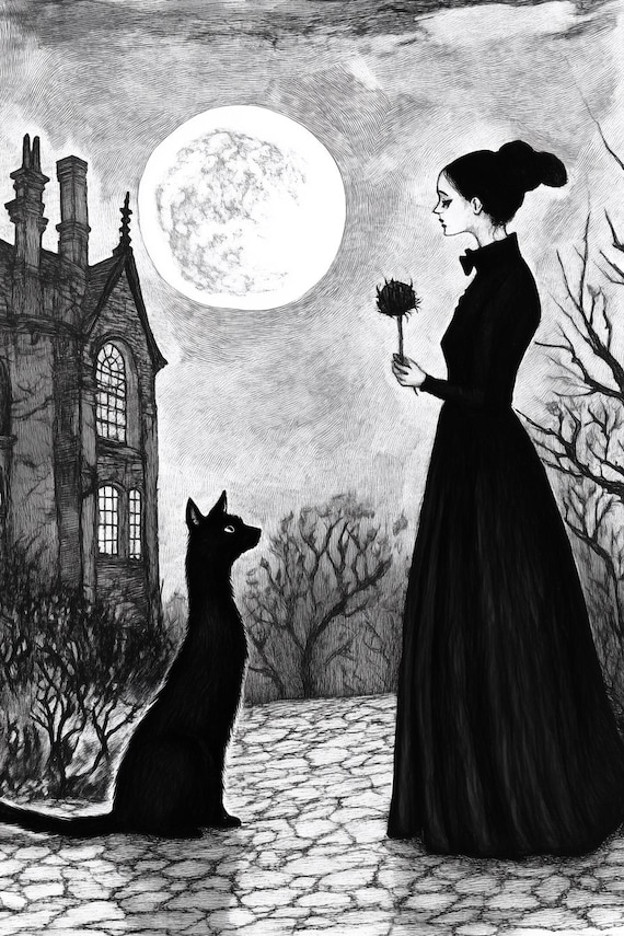 Gothic Woman With Black Cat Haunted House Full Moon Art Poster