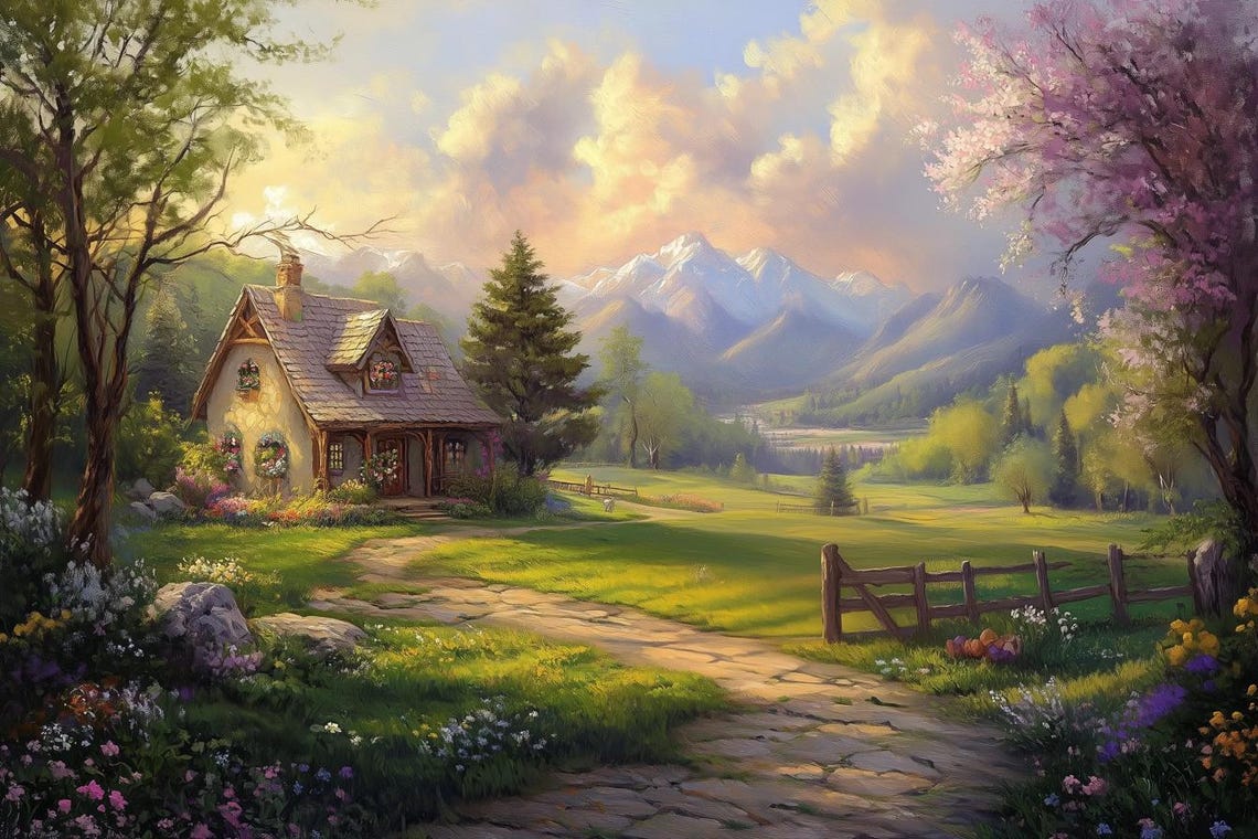 Charming Country Cottage In A Flower Meadow With Mountain Views Poster