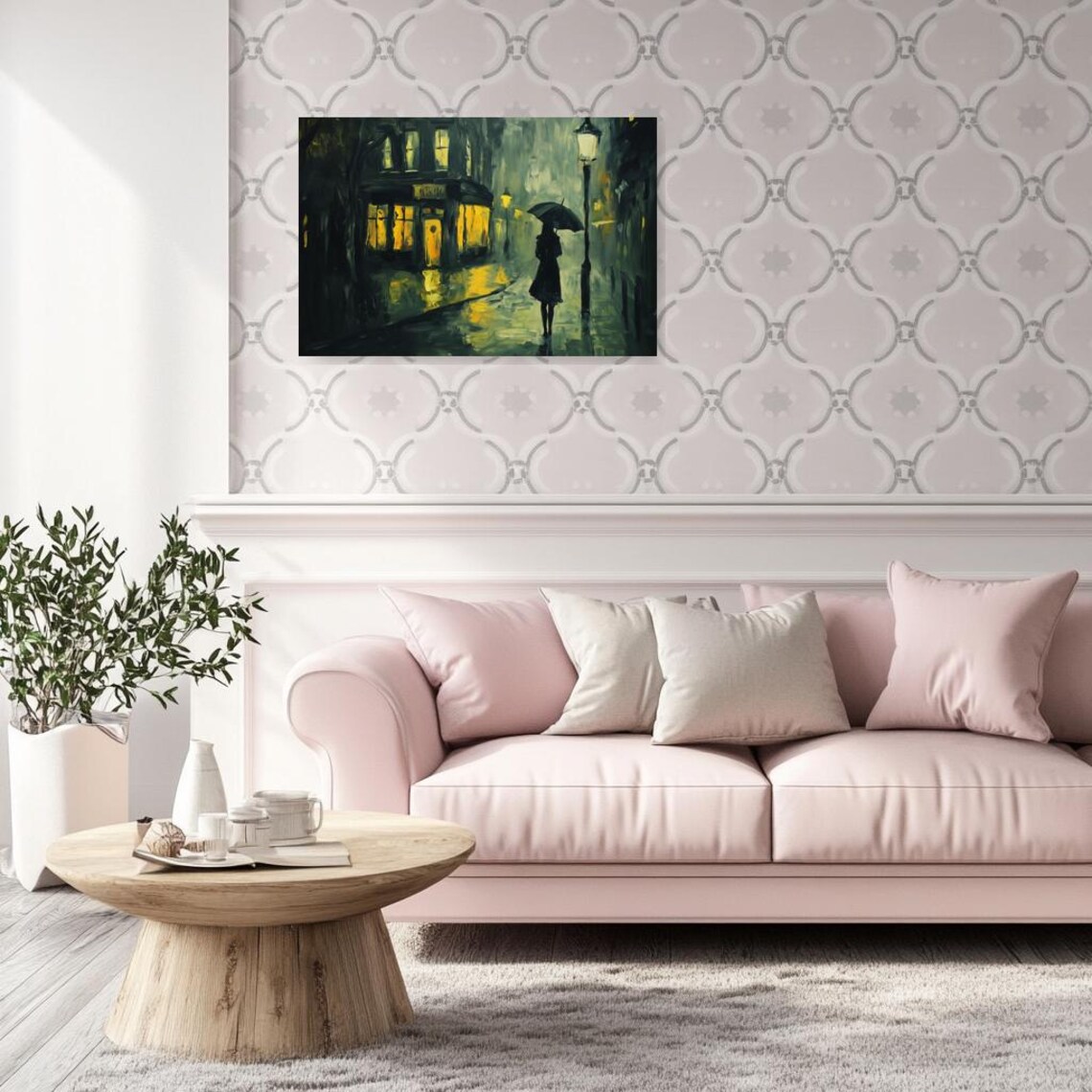 Moody Rainy Night Street With Glowing Windows And Umbrella Figure Poster - Image 4