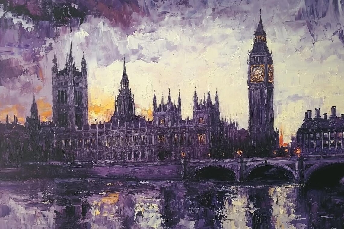 London Big Ben and Parliament at Dusk in Purple and Gold Poster