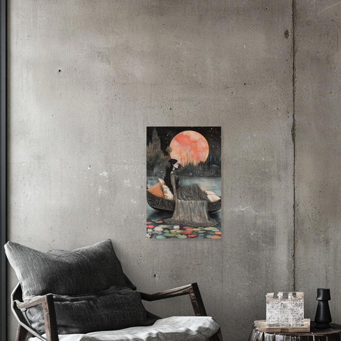 Elegant Woman in Gondola Under Giant Pink Moon Art Nouveau Poster - Image 2