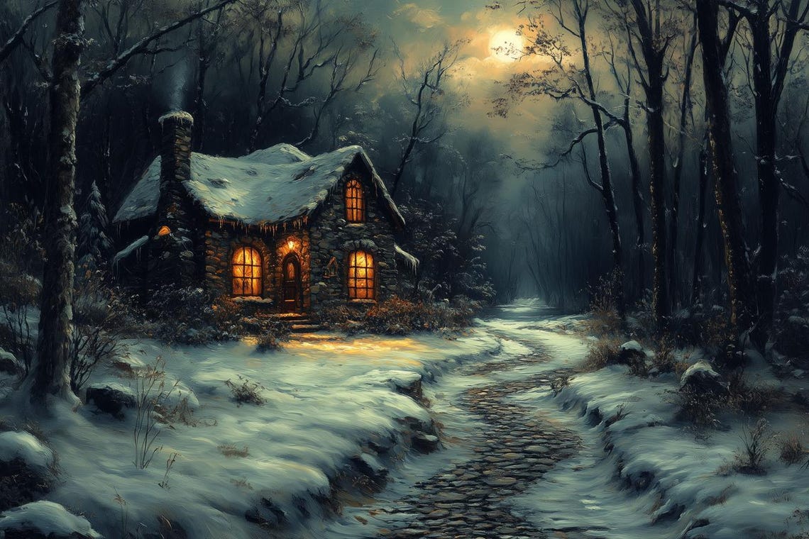 Enchanting Snow-Covered Cabin Glowing in the Woods at Night Poster