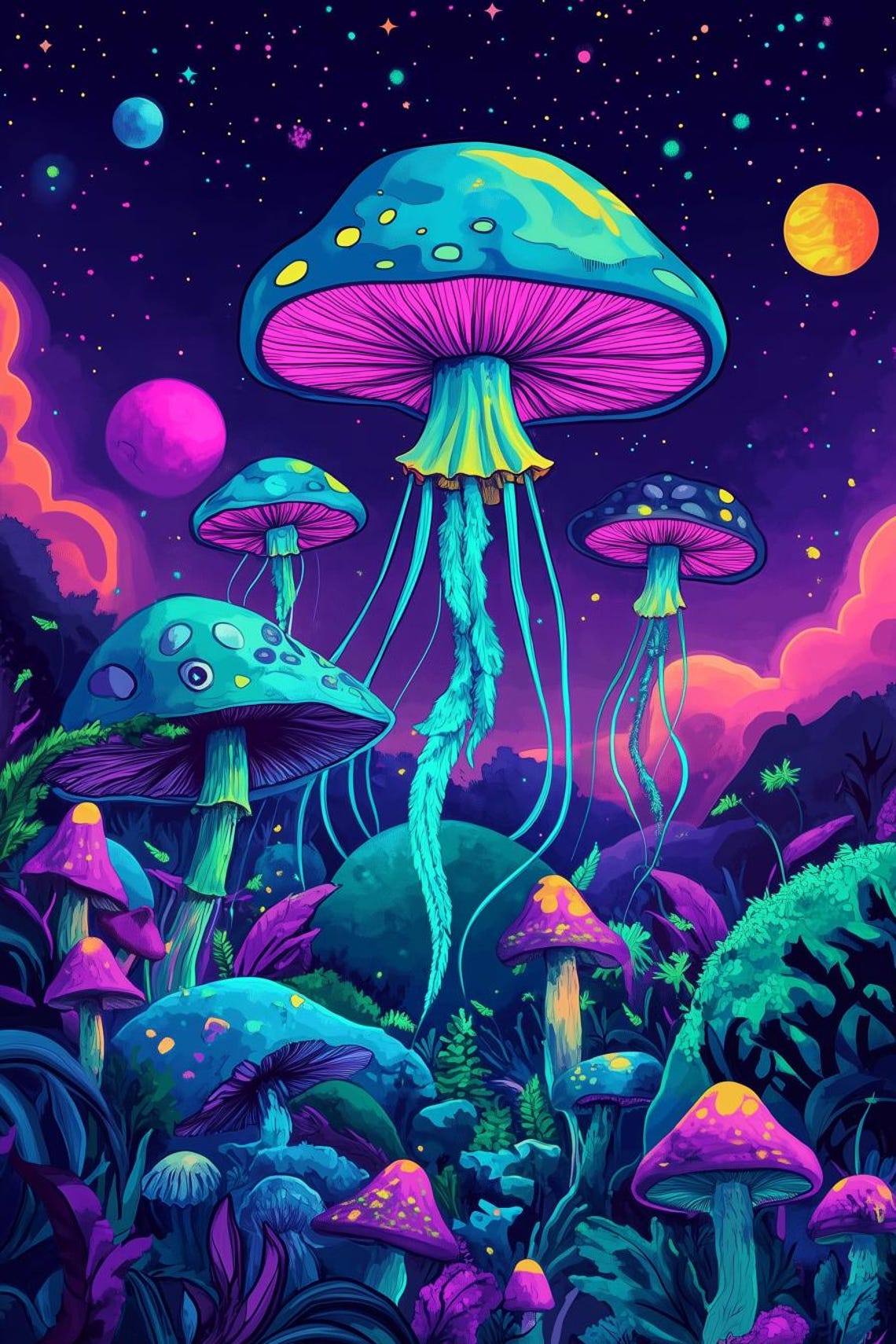 Neon Psychedelic Mushroom Forest Under Starry Night Sky Poster