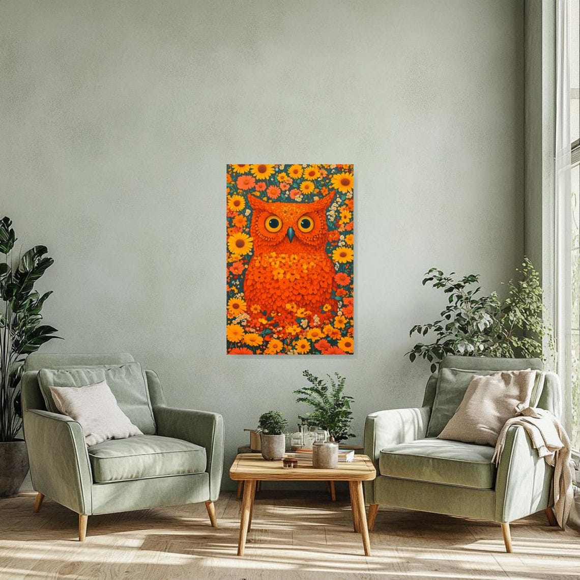 Whimsical Orange Owl in a Vibrant Daisy Flower Garden Poster - Image 2