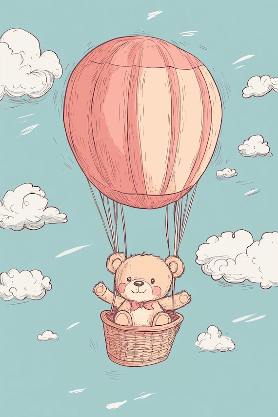 Cute Teddy Bear in a Pink Hot Air Balloon Nursery for Kids Room Decor Poster