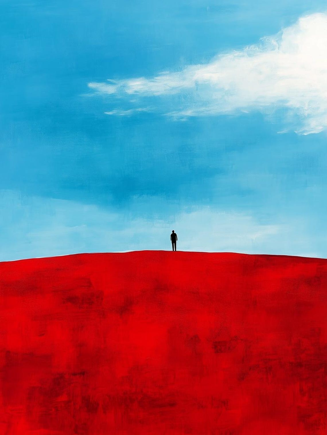 Lone Figure on Bold Red Landscape Under Blue Sky Minimalist Poster