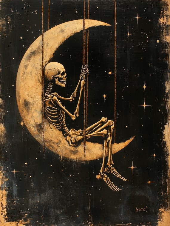Skeleton On Moon Art Black Gold Wall Decor Inspired By Style Of Van Gogh Unique Home Decor Print