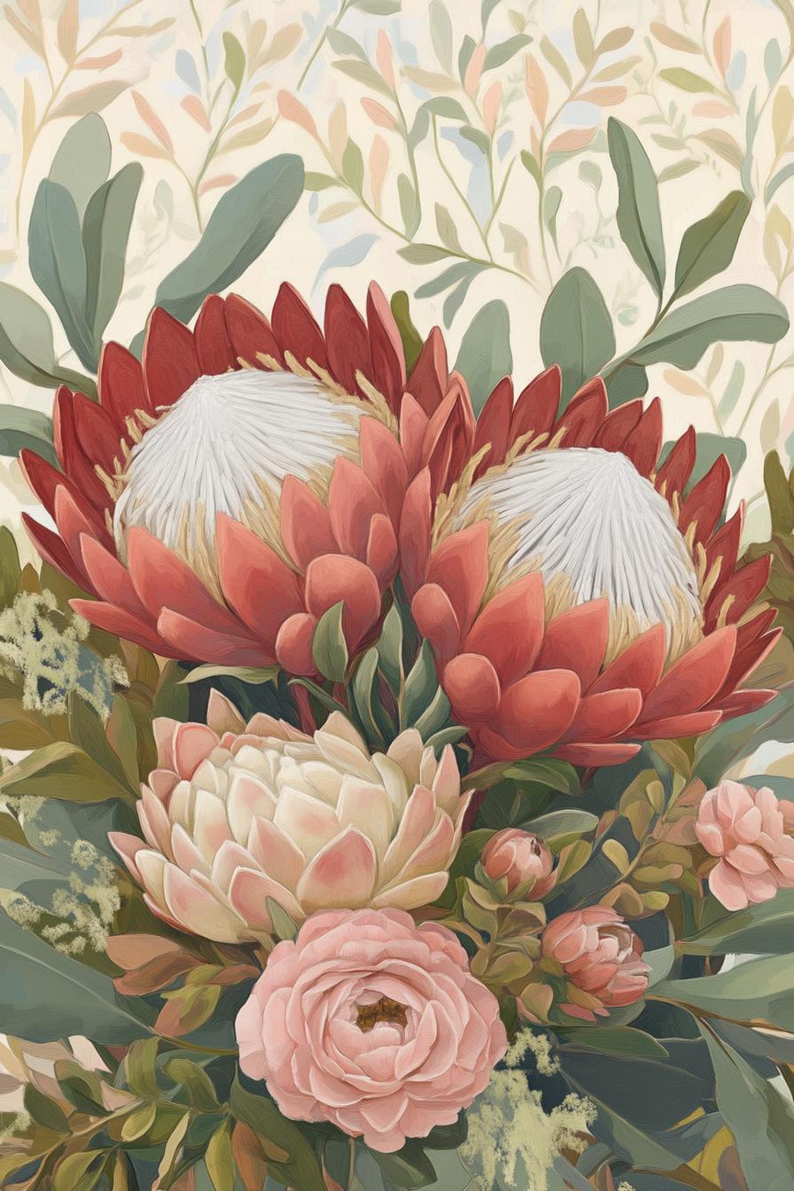 Protea and Rose Bouquet Botanical Painting in Soft Pastels Poster