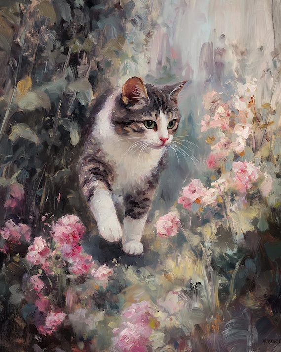 Tabby Cat in Pink Flower Garden Impressionist Animal Art Poster