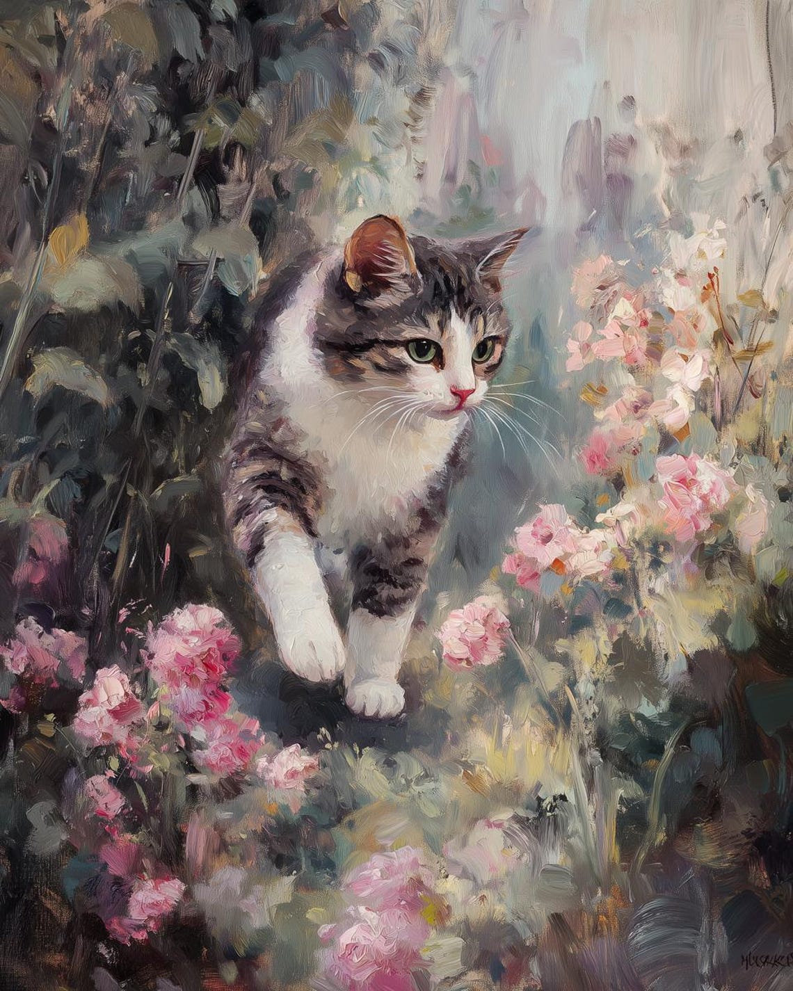 Tabby Cat in Pink Flower Garden Impressionist Animal Art Poster
