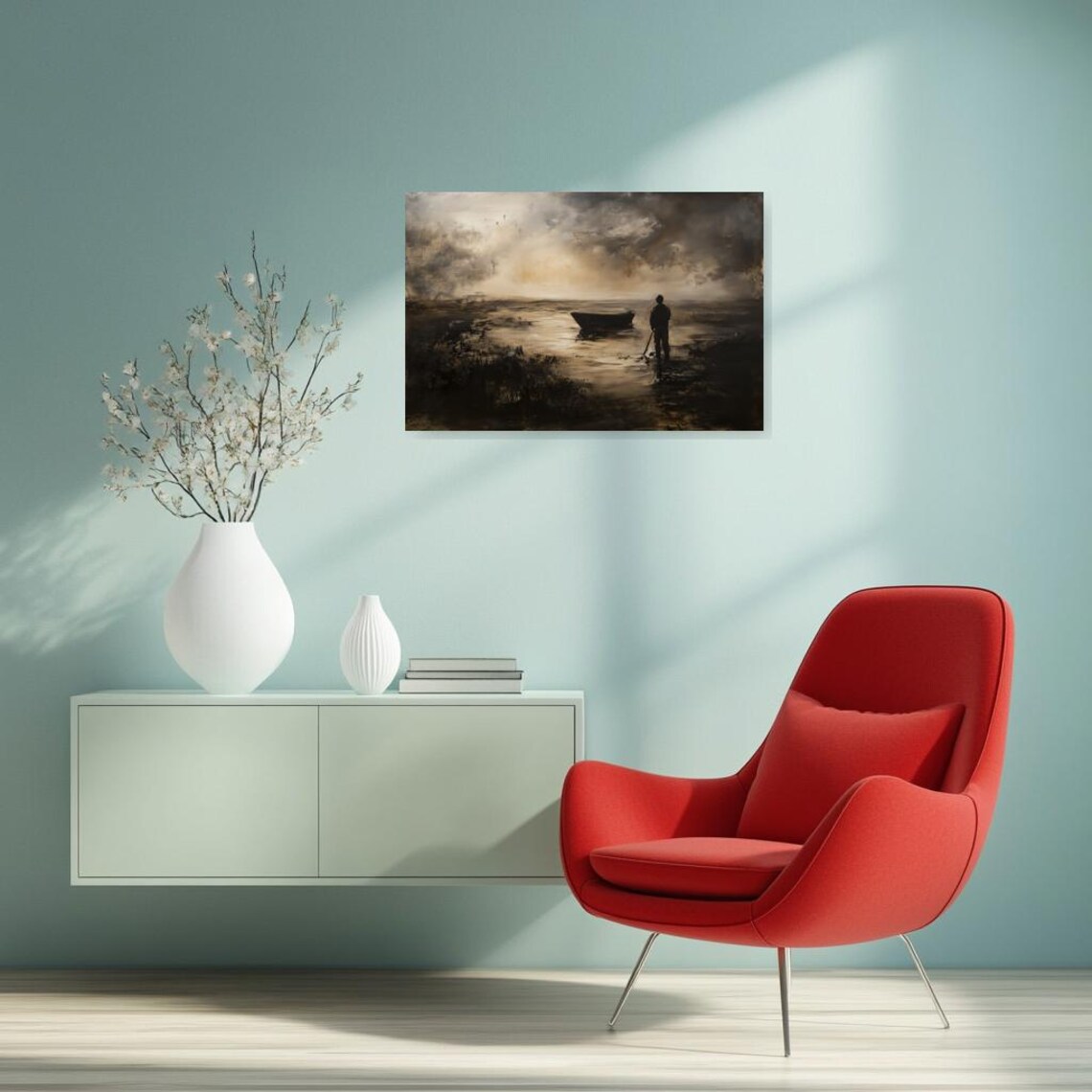 Moody Fisherman Silhouette Beside Boat in Dark Seascape Poster - Image 2