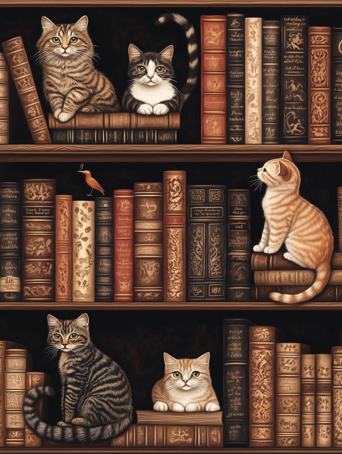 Cute Cats Lounging On Vintage Bookshelves Whimsical Library Art Poster
