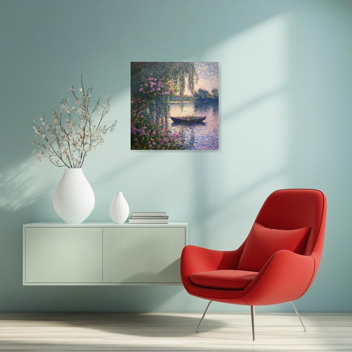 Tranquil River Boat Blossoms Willows Monet-Style Impressionist Poster - Image 3