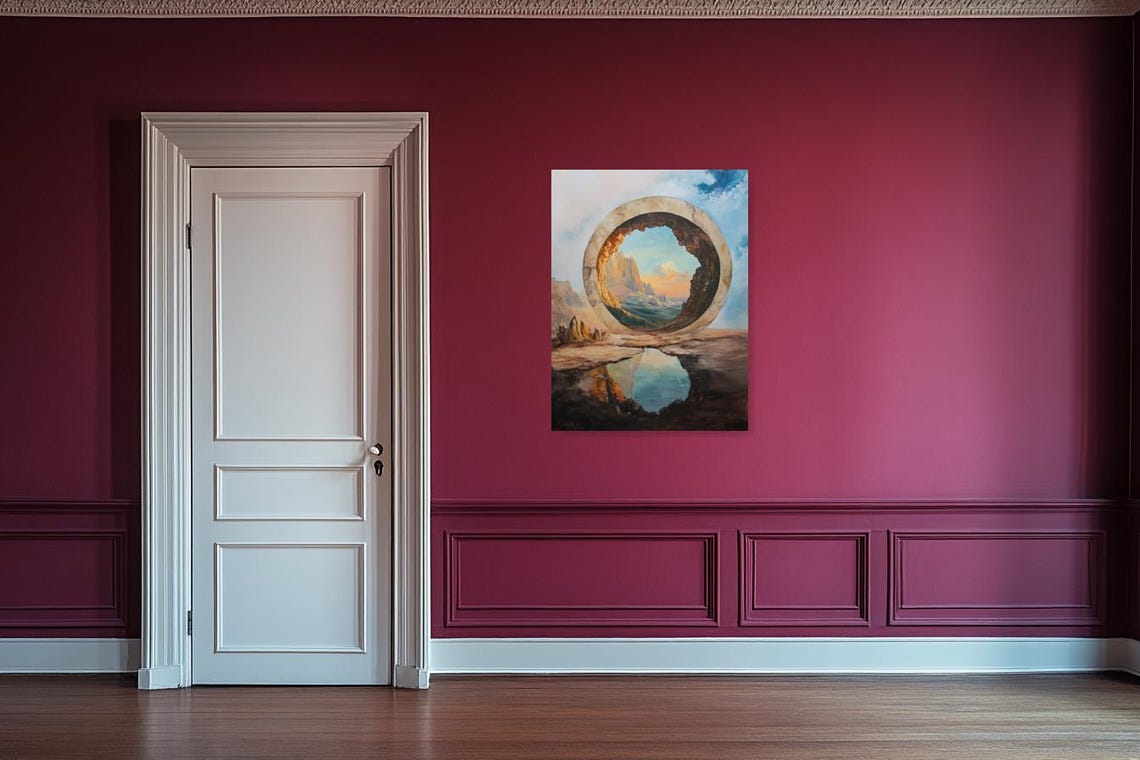 Surreal Stone Ring Portal Dreamlike Mountain Vista Reflection Poster - Image 2
