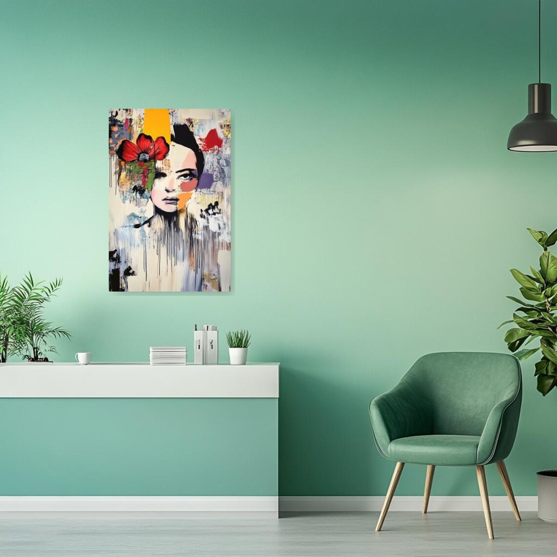 Abstract Woman Portrait Red Poppy Paint Drips Urban Style Art Poster - Image 3
