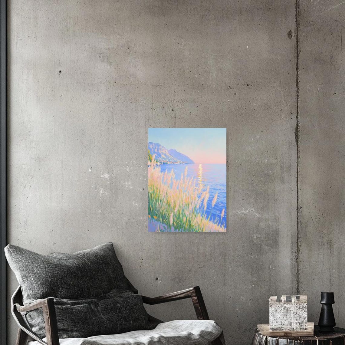 Pastel Coastal Landscape With Reeds and Mountains Impressionist Poster - Image 2