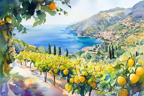 Vibrant Lemon Grove Farmhouse Watercolor Print Home Decor Art Inspiring Impressionist Landscape Wall Art