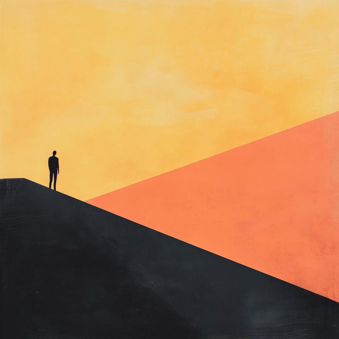 Lone Figure On Dark Slope Under Gradient Yellow Sky Art Poster