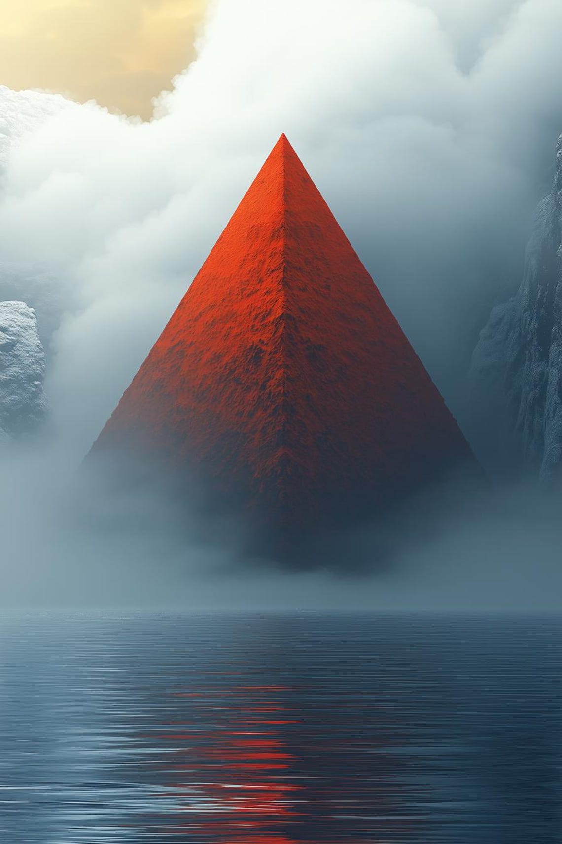 Red Pyramid Rising From Mist Over Water Surreal Minimalist Art Poster