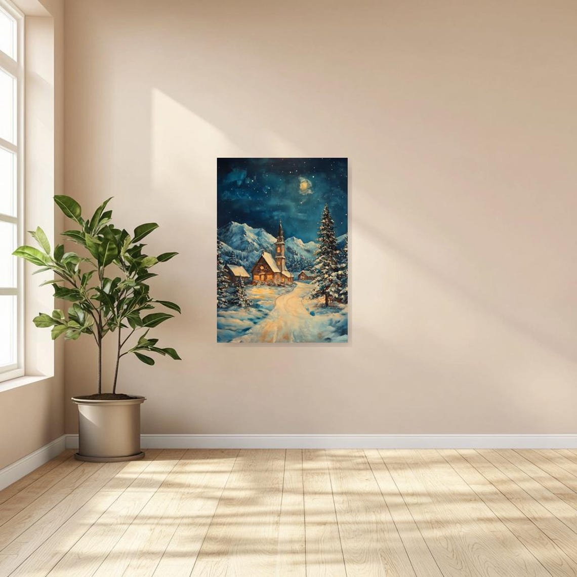 Charming Winter Wonderland Print Inspired By Thomas Kinkade Featuring Snowy Village And Starry Night Sky - Image 3