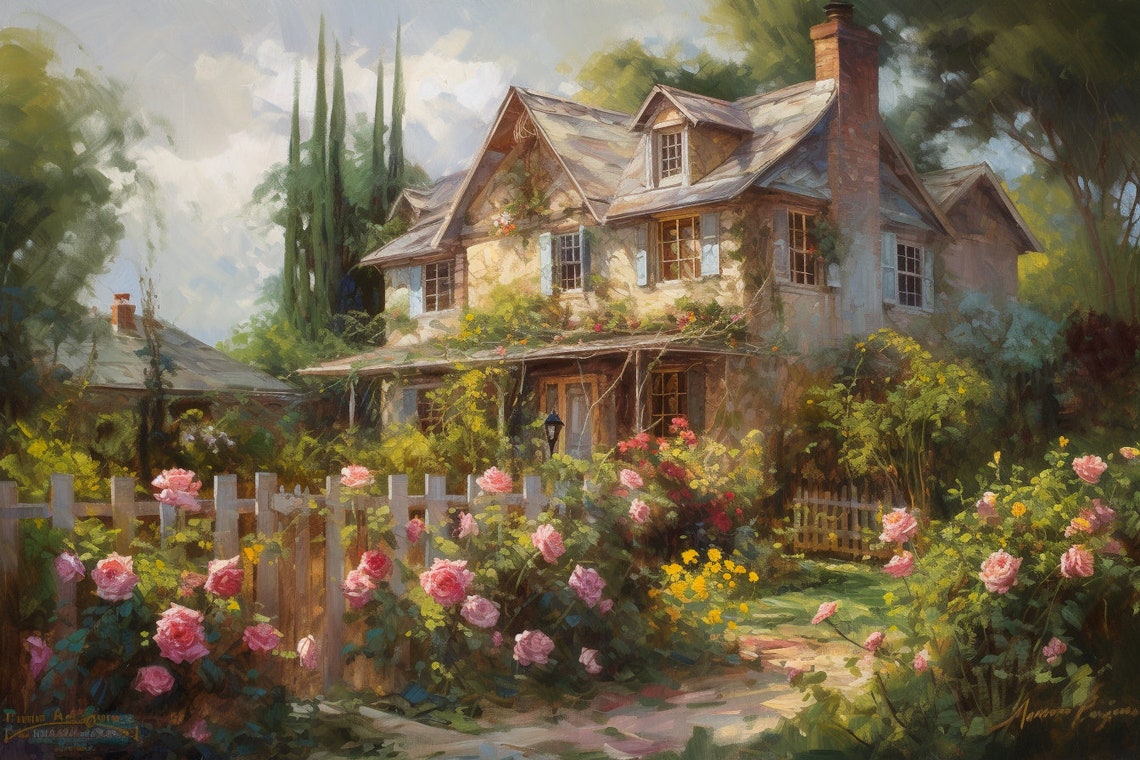 Charming Stone Cottage Rose Garden White Picket Fence Art Poster