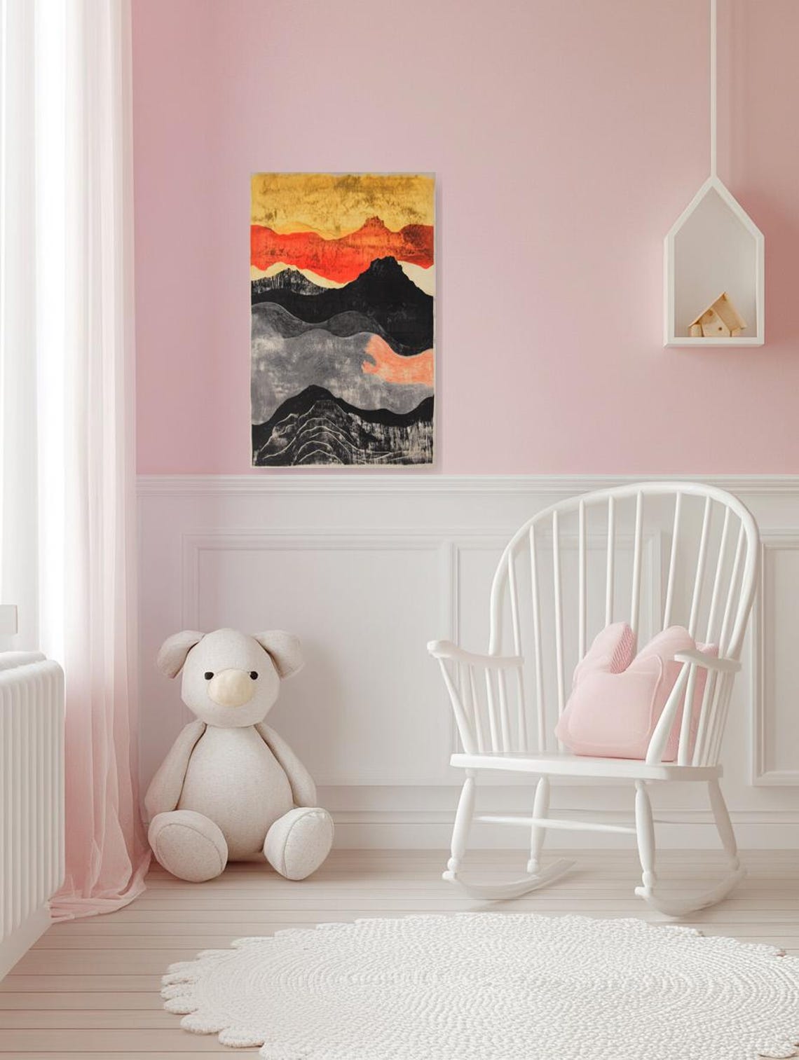 Dramatic Mountain Landscape Print Inspired By Abstract Expressionism In Bold Red Black And Gold Tones - Image 3