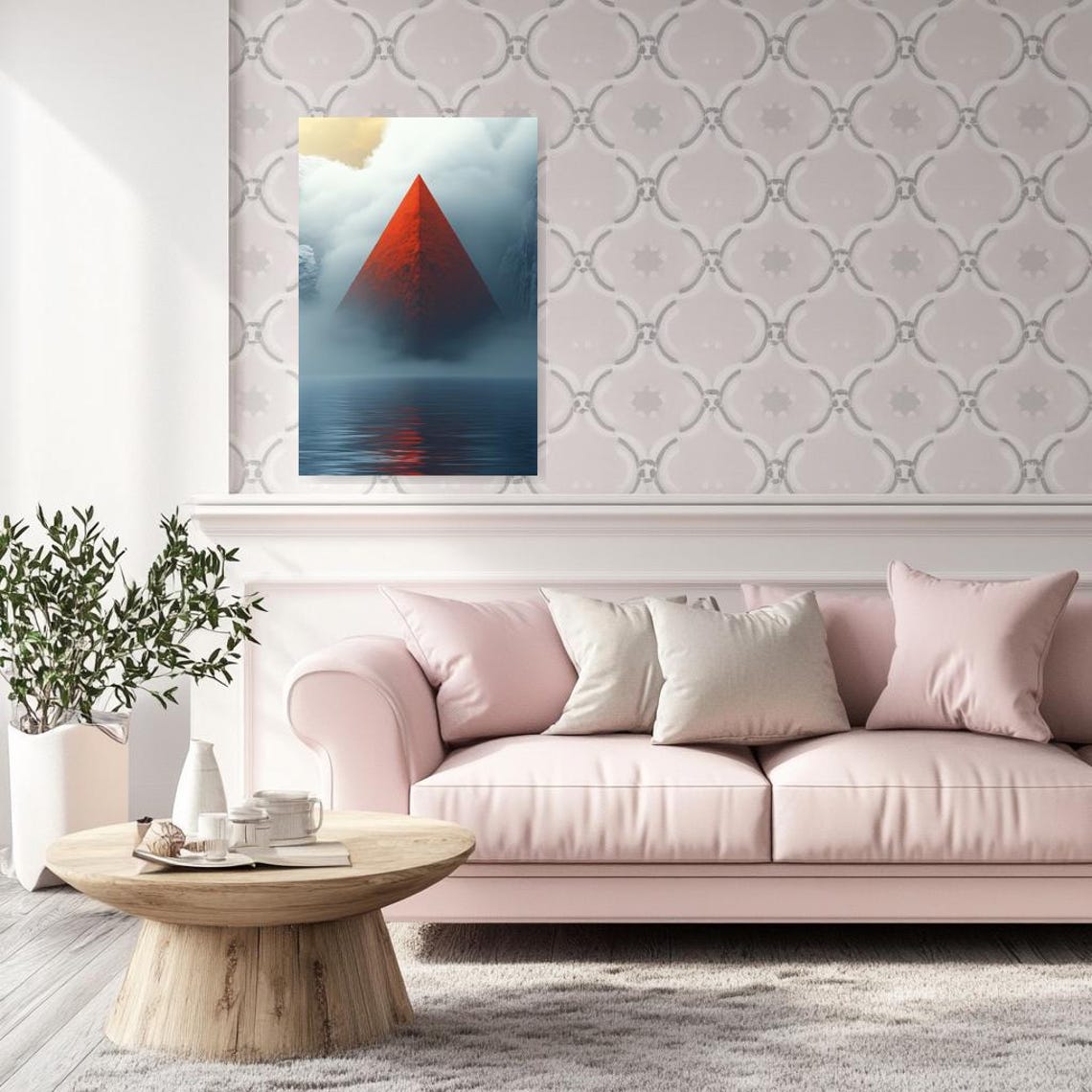 Red Pyramid Rising From Mist Over Water Surreal Minimalist Art Poster - Image 3