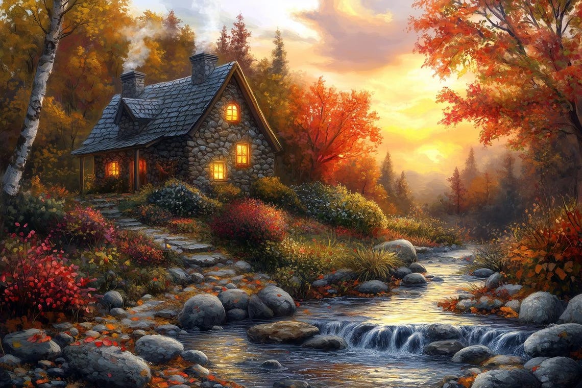 Charming Stone Cottage by a Stream in Autumn Sunset Glow Poster