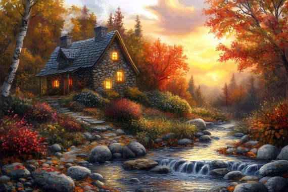 Autumnal Serenity Print In Impressionist Style Cozy Stone Cottage With Fall Colors And Stream Home Decor Wall Art